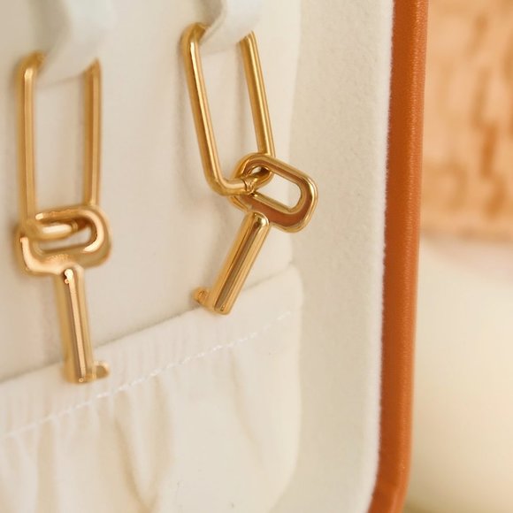 NEW 18K Gold Plated Key Drop Hoop Earrings - Picture 7 of 11